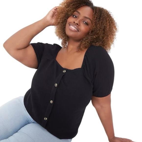Lane Bryant Black Puff Sleeve Peasant Top Button Detail Plus Size 22/24 Cotton - Picture 1 of 12